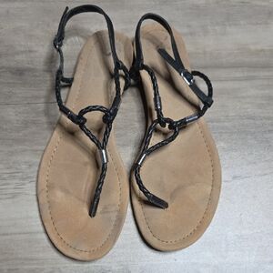 Ralph Lauren Black Braided T-Strap Sandals with Tan Footbed